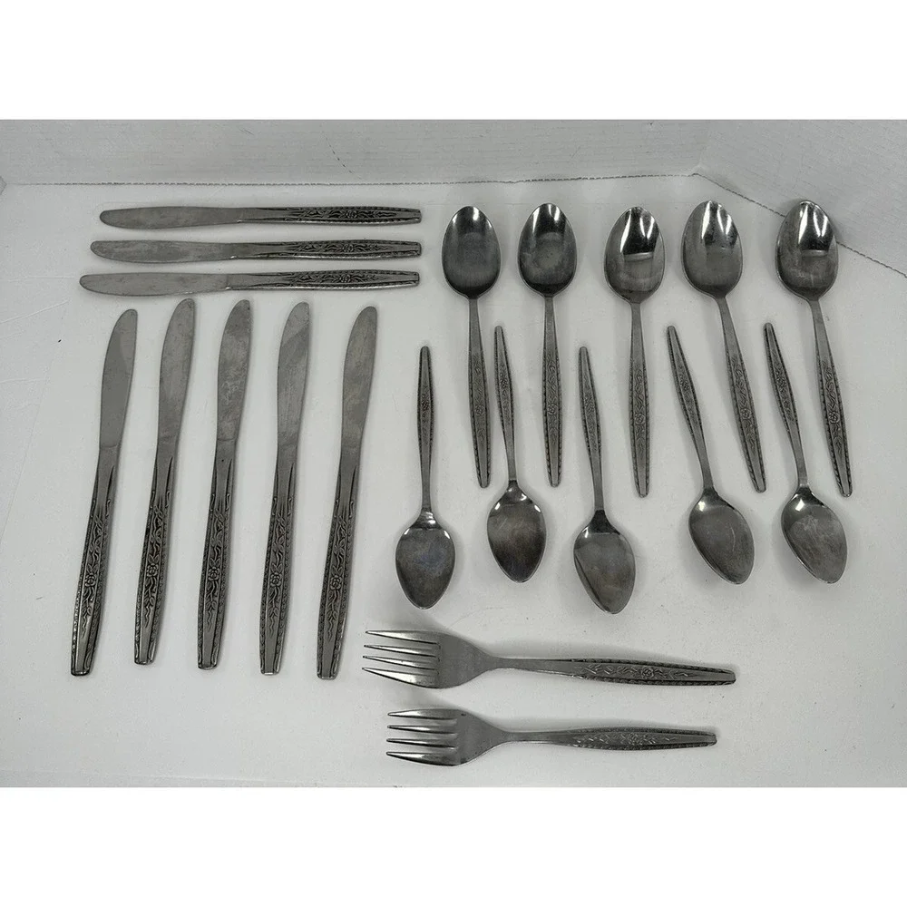 Vintage 20 Piece Interpur Florenz Stainless Flatware Flower Japan MCM